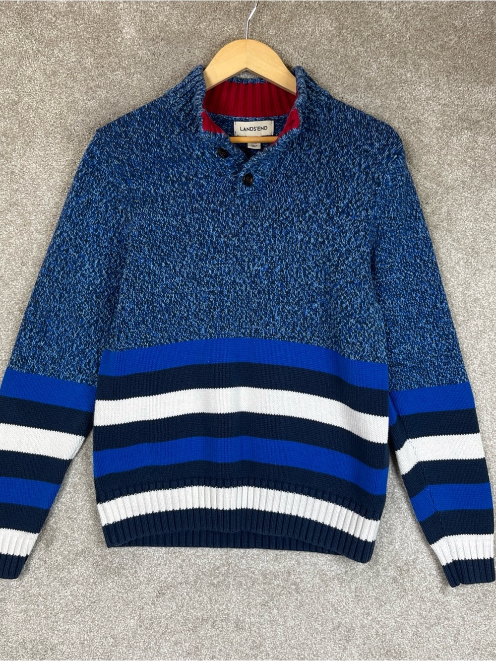 Lands End Sweater Womens Extra Large Blue Stripe Collared Pullover- 4722